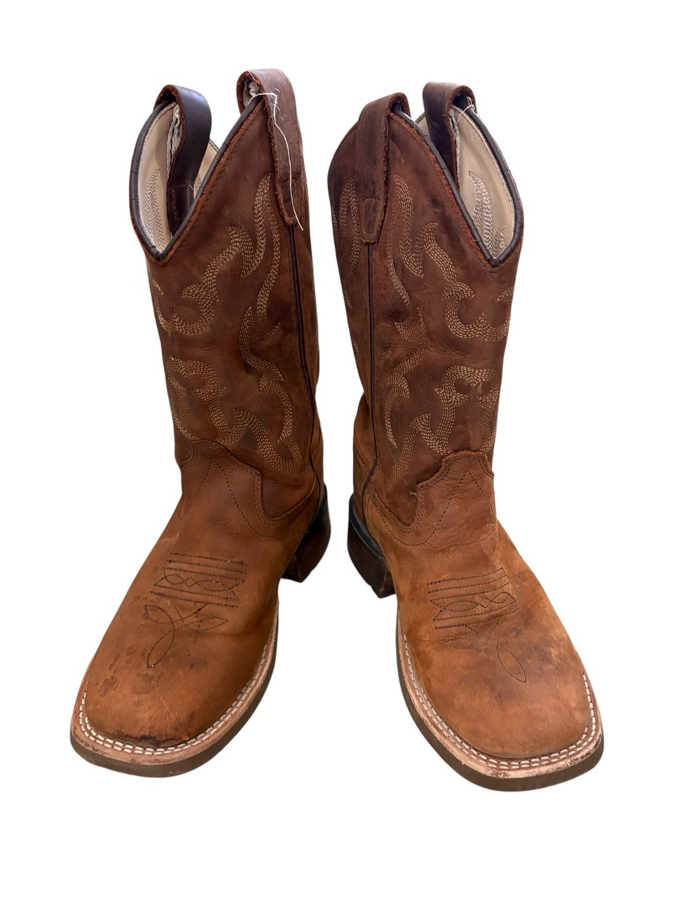Old West Kids Leather Square Toe Cowboy Boots Brown Size 10.5 Y